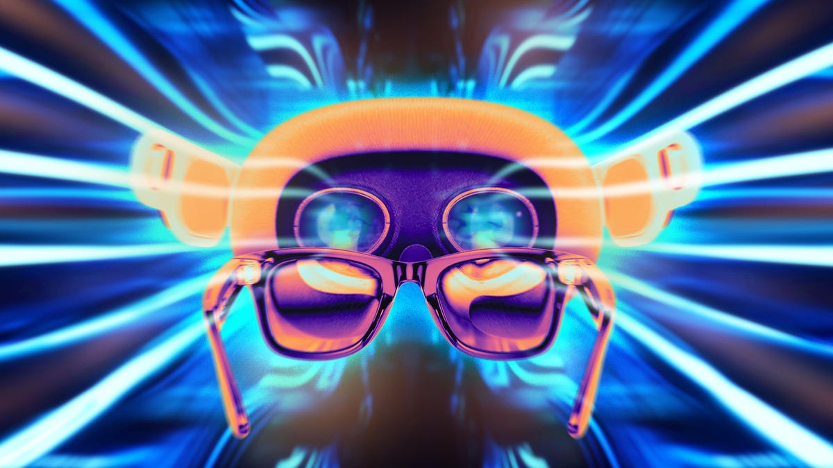 A VR headset and a pair of smart glasses nested in each other, with colored lines emanating from the sides