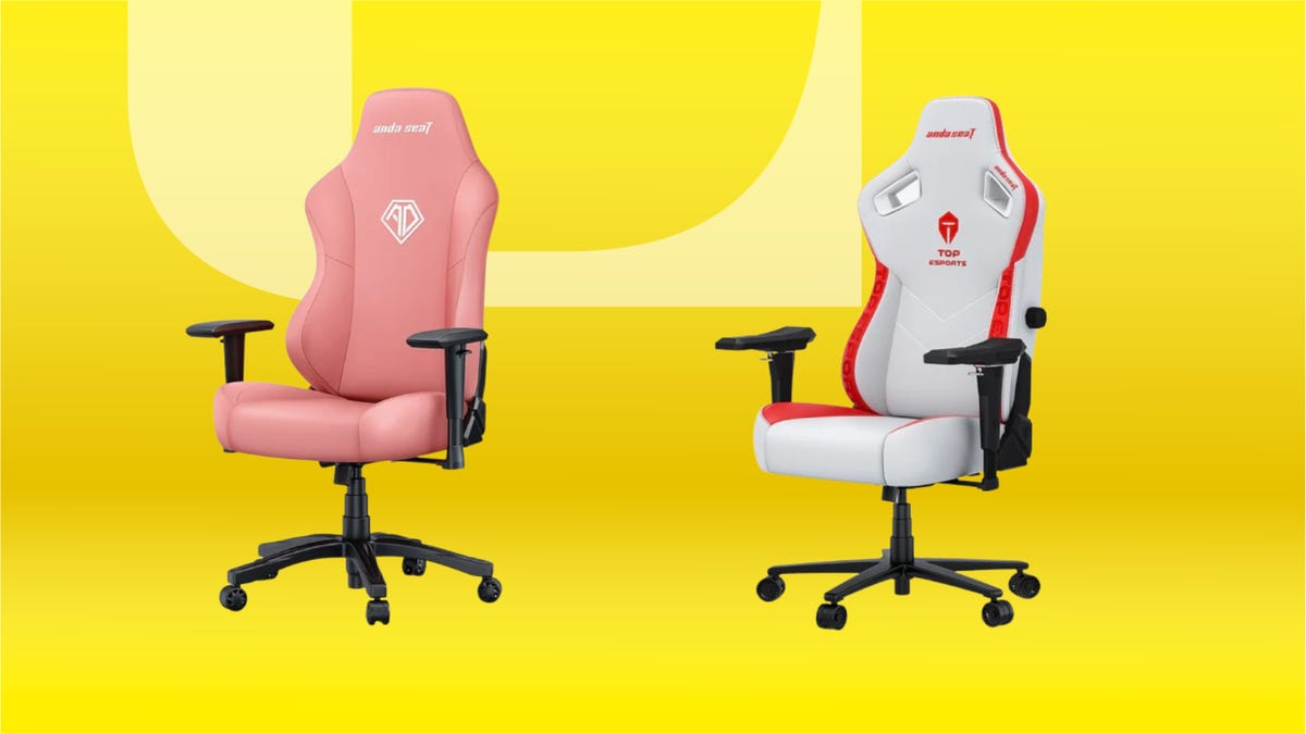 From right: light pink gaming chair, white gaming chair with red accents, black handles and swivels. Background: yellow gradient.