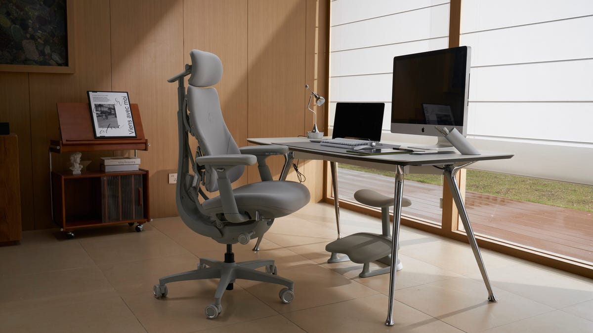 Office chair in front of desk.