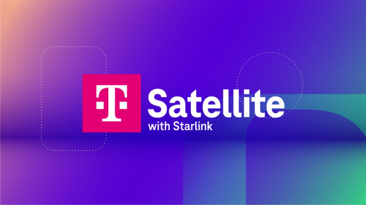 The T-Satellite with Starlink logo from T-Mobile is displayed against a gradient blue and purple background.