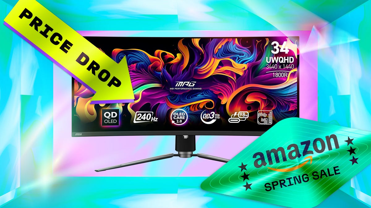 MSI 34-inch Curved OLED Gaming Monitor with blue background