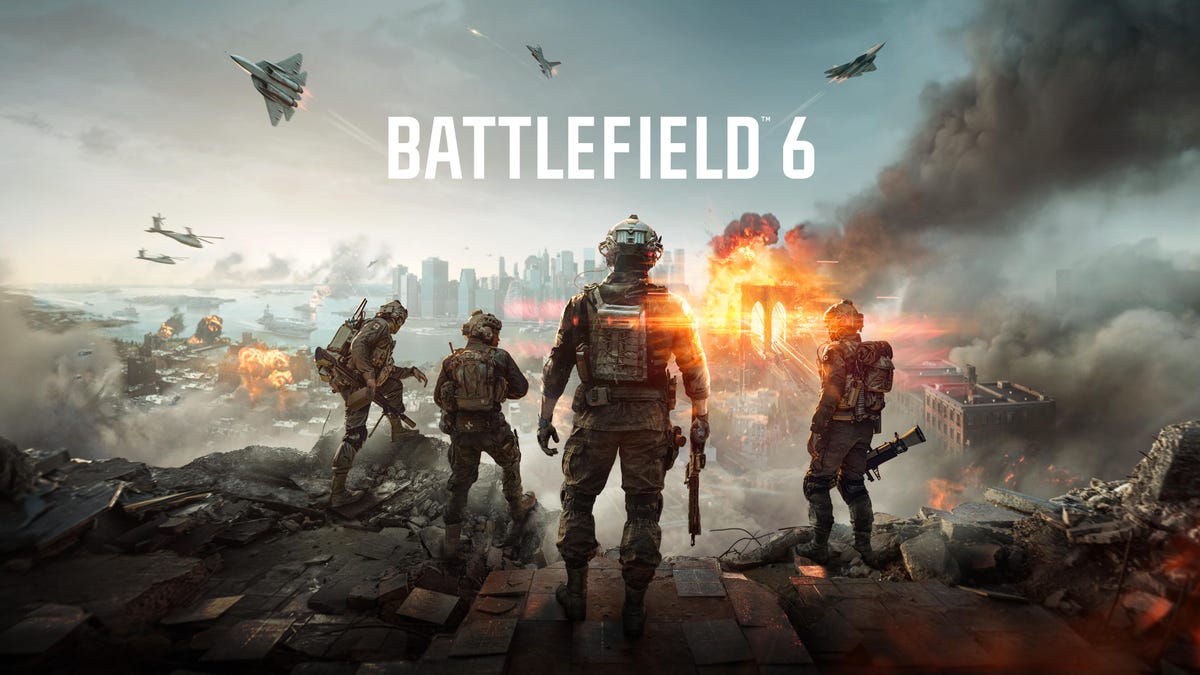 Game art showing a group of soliders standing in front of a battlefield with planes, explosions and more with the Battlefield 6 logo.