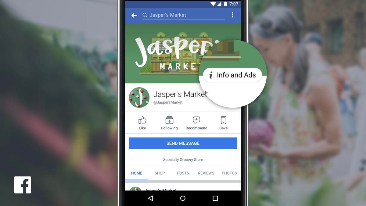 View of Facebook on a smartphone showing a page for Jasper's Market, highlighting "info and ads."