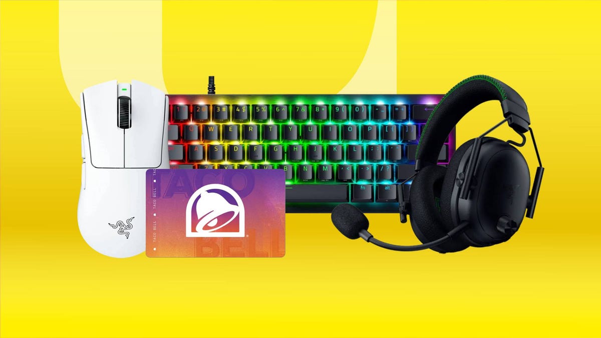 A mouse, keyboard, gaming headset and Taco Bell gift card against a yellow CNET background.