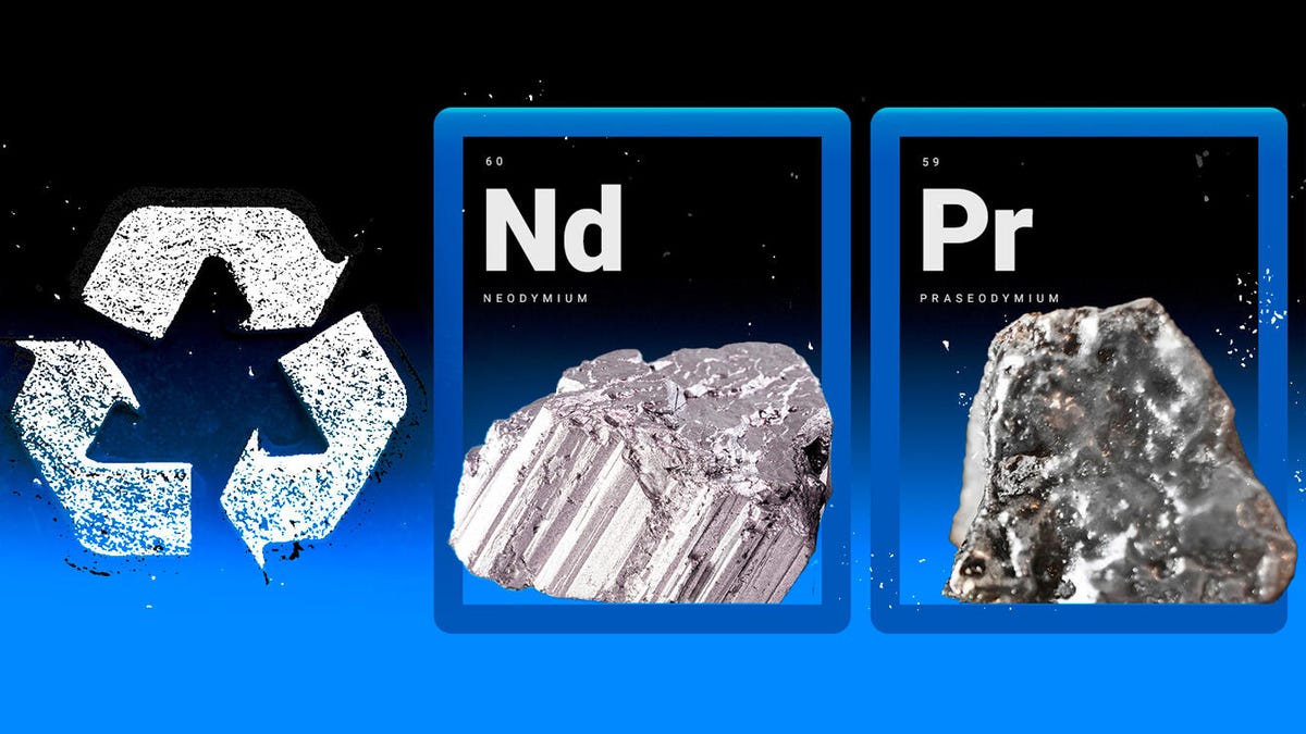 Graphic showing a recycling symbol and the elements neodymium and praseodymium