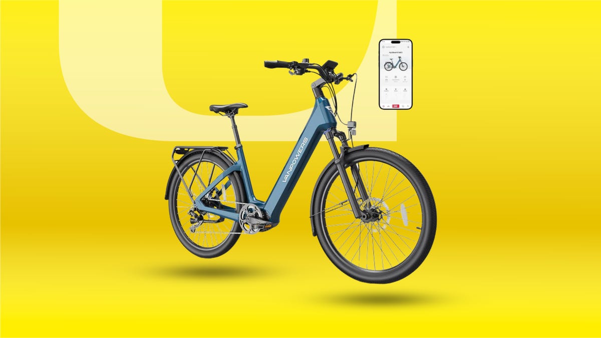 The Vanpowers UrbanGlide-Ultra e-bike is displayed against a gradient yellow background.