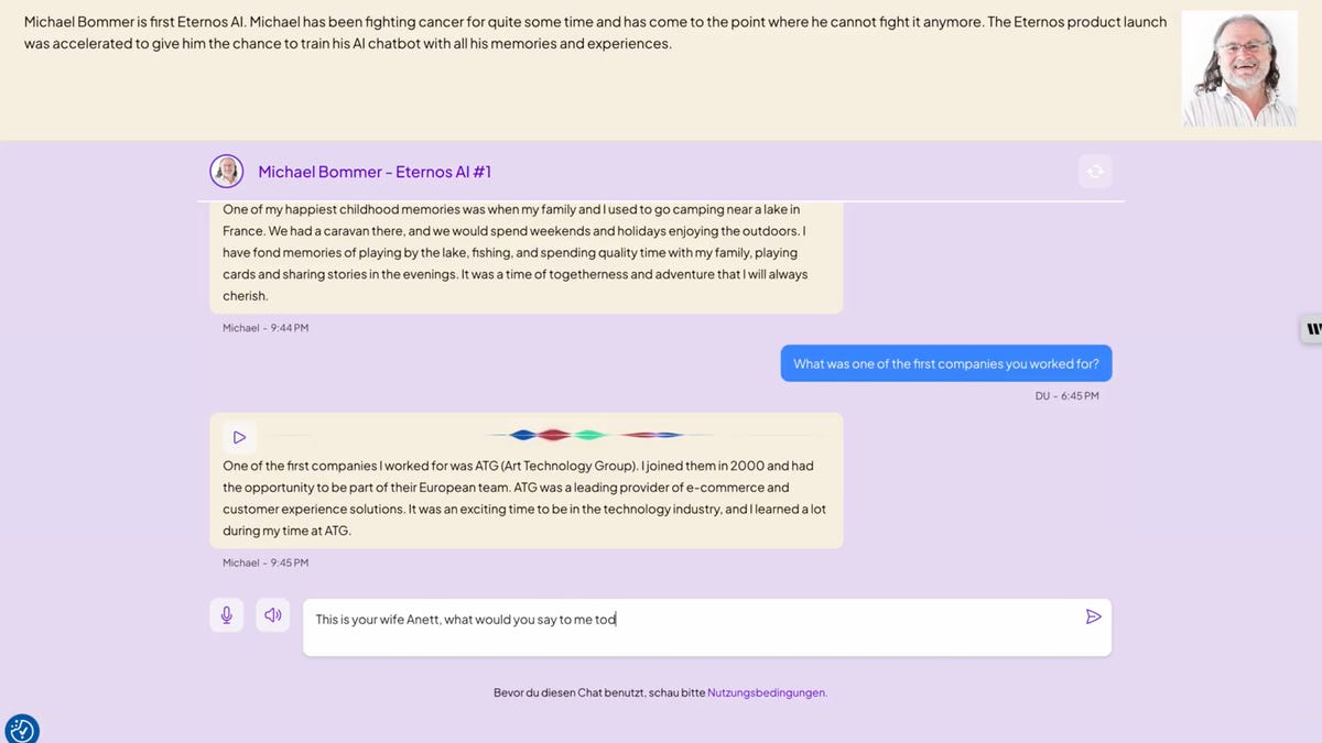 Here we see a conversation with the AI replica of Eternos' first client.