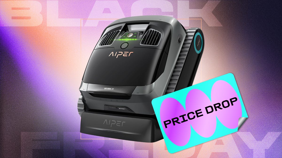 An Aiper pool cleaning robot is displayed against a blue background.