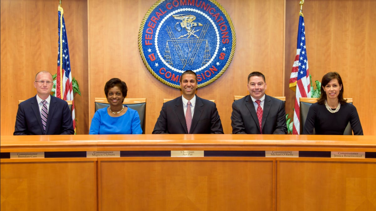 FCC commissioners Brendan Carr, Mignon Clyburn, Ajit Pai, Michael O'Rielly and Jessica Rosenworcel.