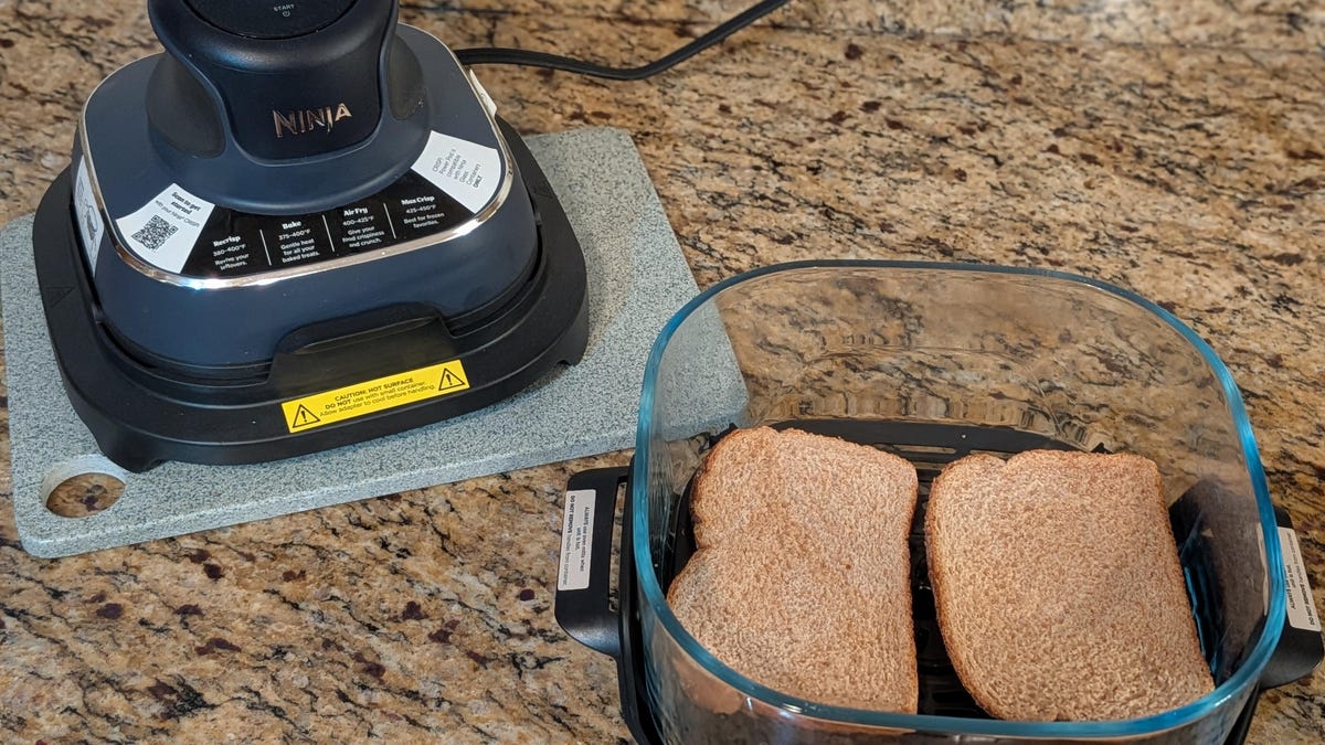 two pieces of toast in a Ninja Crispi