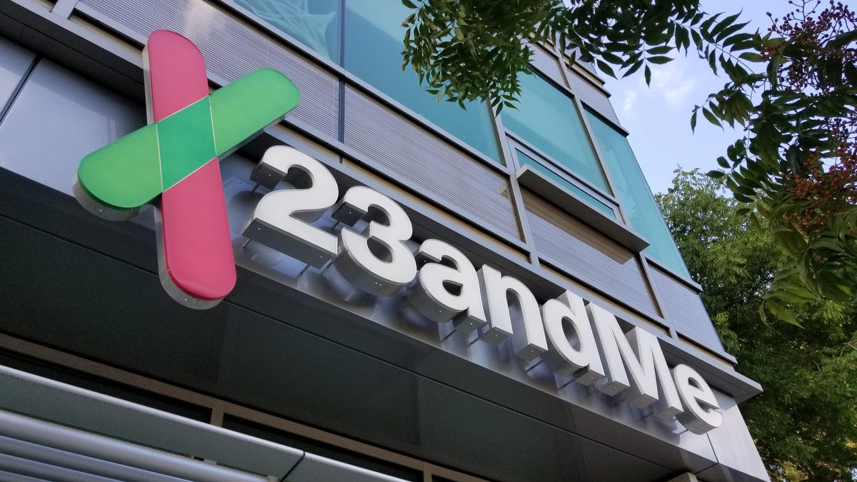 Sign with logo on facade of personal genomics company 23andMe.