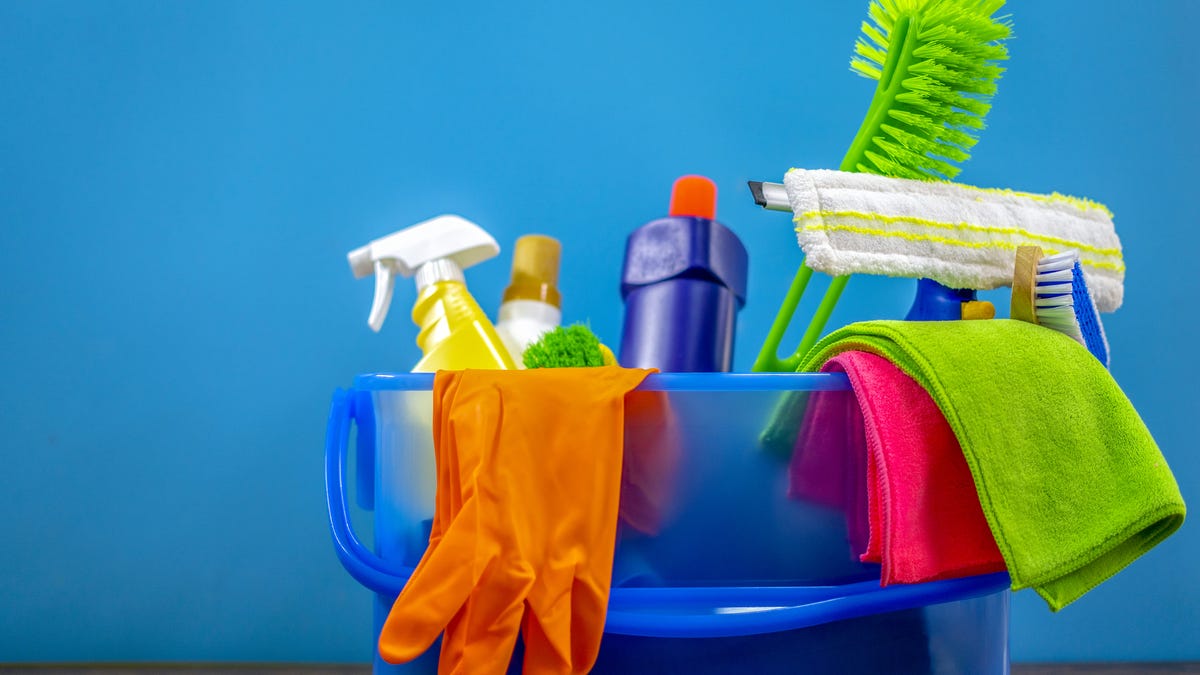 Cleaning products in a bucket