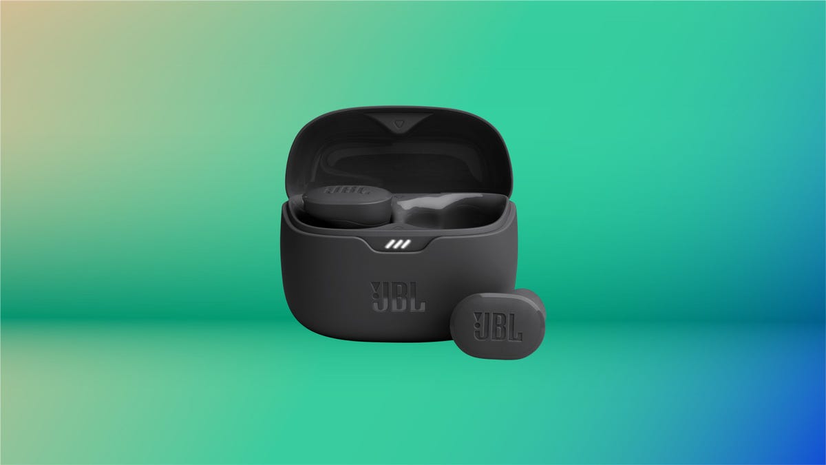 JBL Tune Buds on a green gradient background