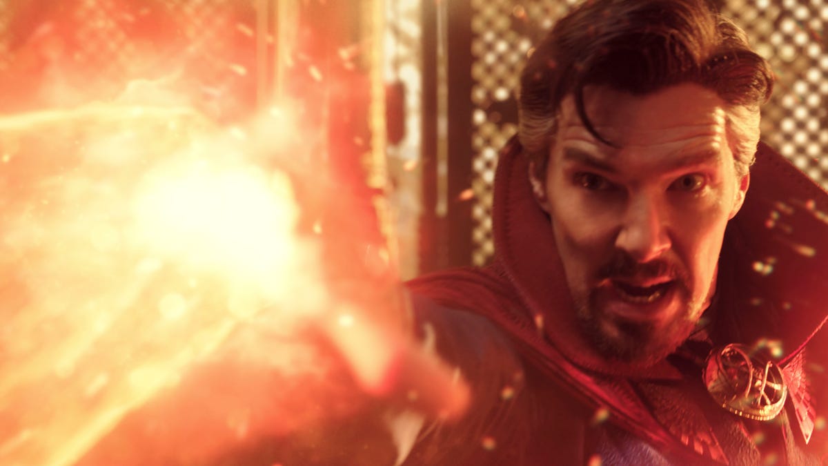 Benedict Cumberbatch shoots magic light from his hands in Marvel's Doctor Strange in the Multiverse of Madness.