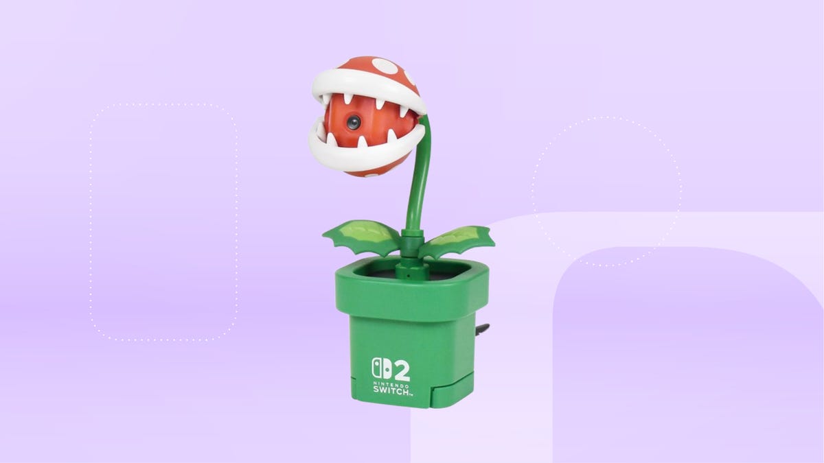Red and white piranha plant with green stems, leaves and pot. Background: lavender gradient.