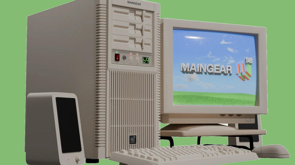 Maingear Retro98 beige PC featured against a green background