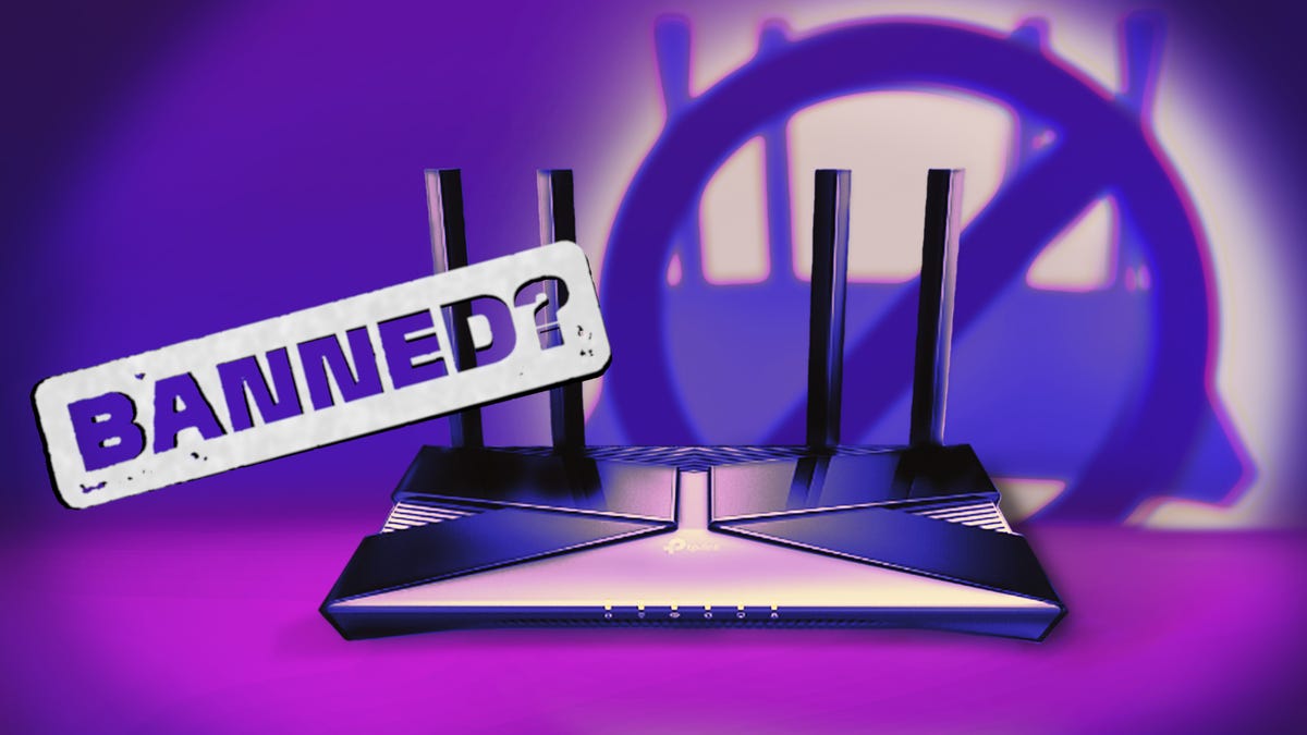 a routerwith four aerials on a purple background with text "BANNED?"