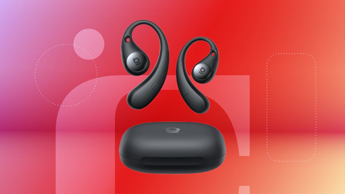 Shows the Baseus Eli Sport 2 open-ear headphones on a red background.
