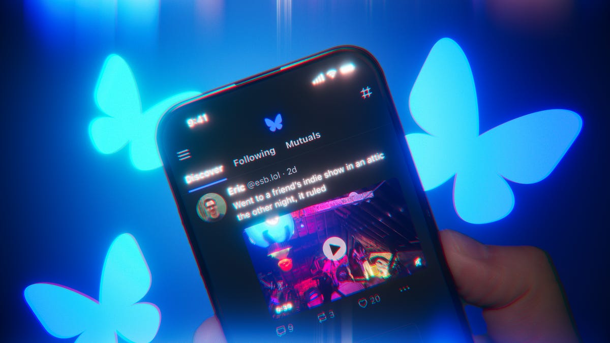 Bluesky app on an iPhone screen with Bluesky butterfly logos in the background