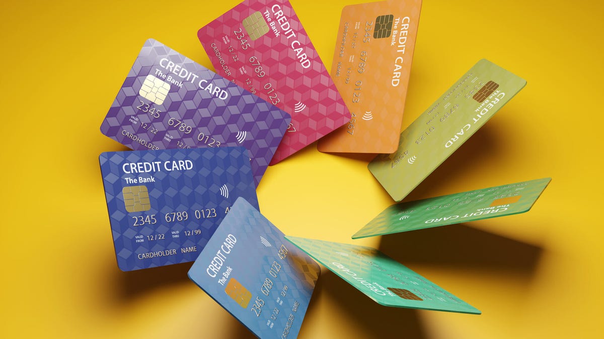 Array of colorful credit cards arranged in a circle