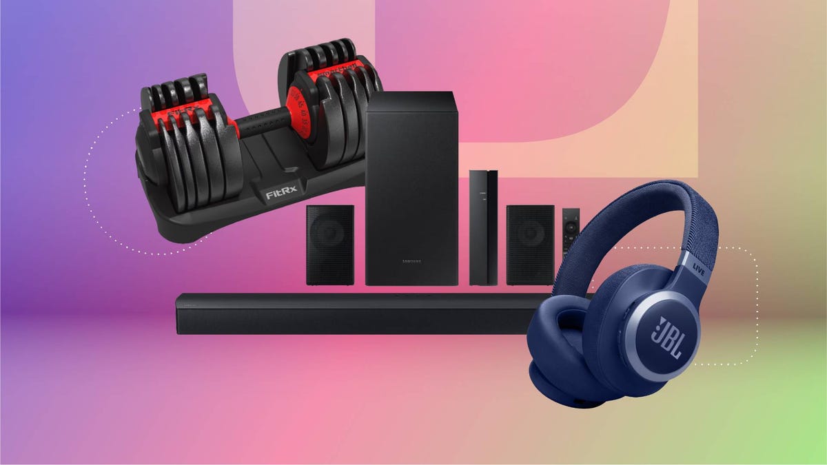 An adjustable dumbbell, pair of headphones and set of speakers against a pink/green CNET background.