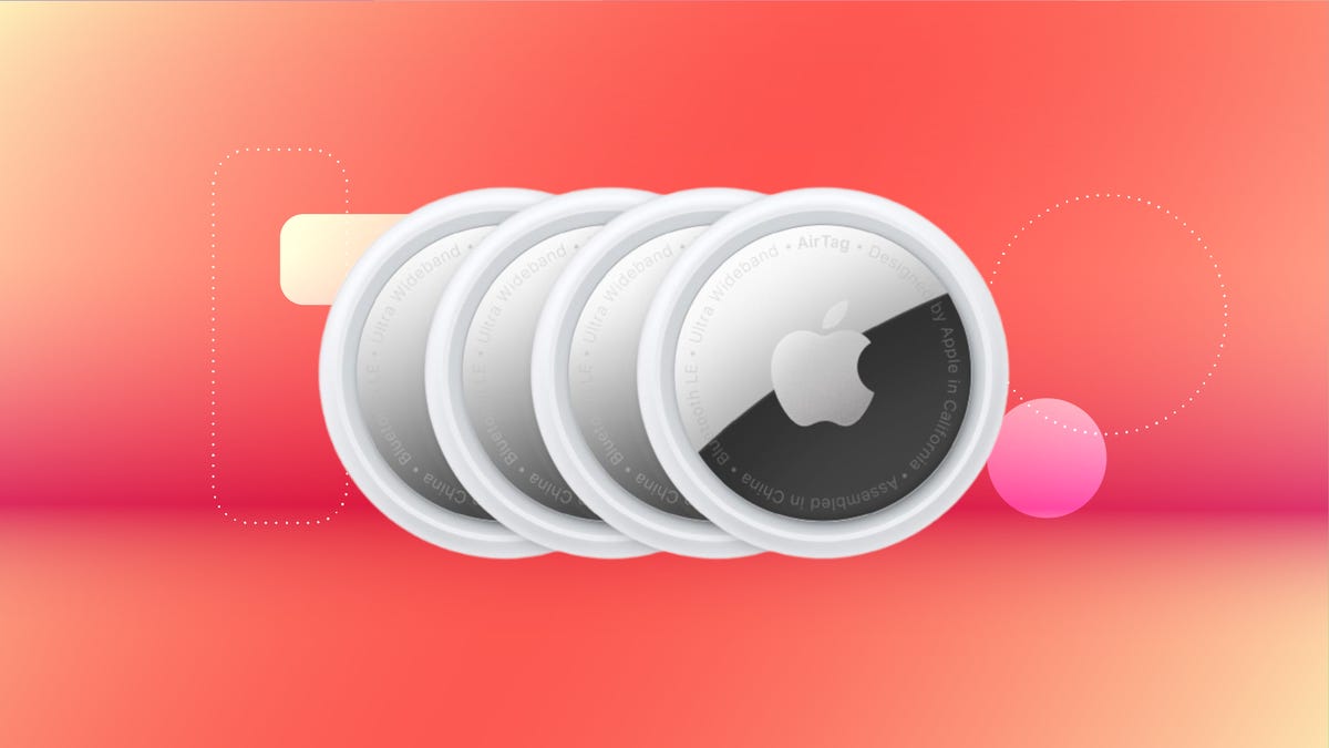 An Apple AirTag 4-pack is shown with Spring Sale CNET stickers and background.