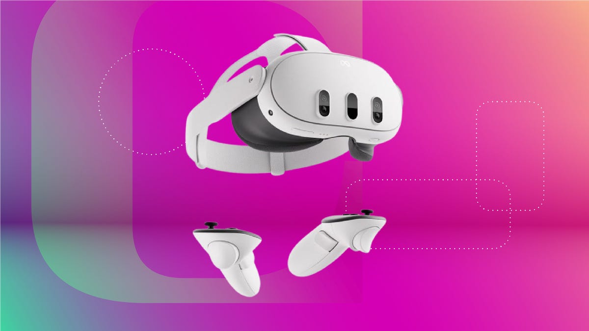 A white Meta Quest 3 and two hand controllers on a pink and purple background