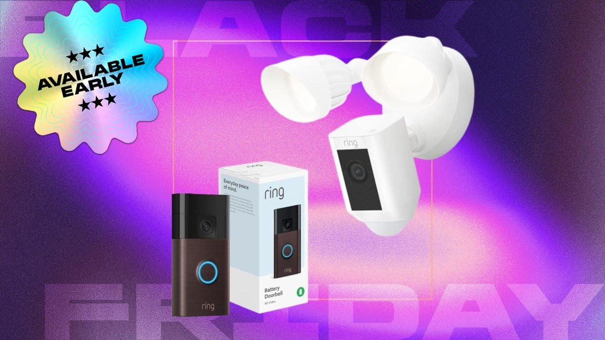 Ring floodlight cam and video doorbell on purple background