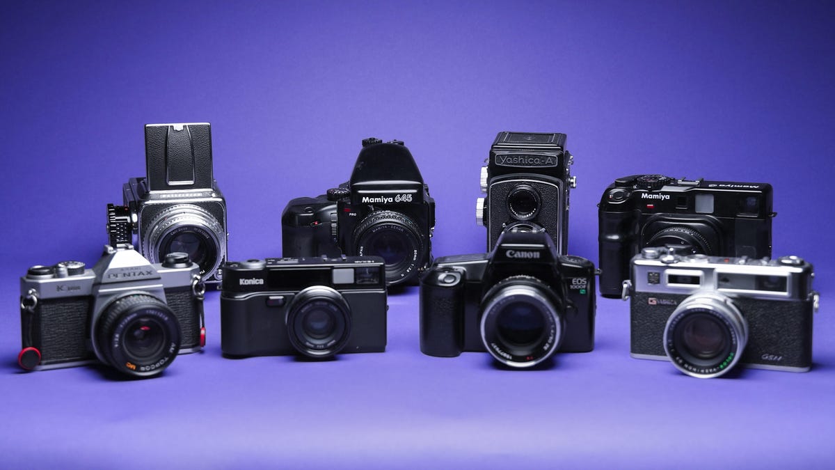 Eight different film cameras on a table.