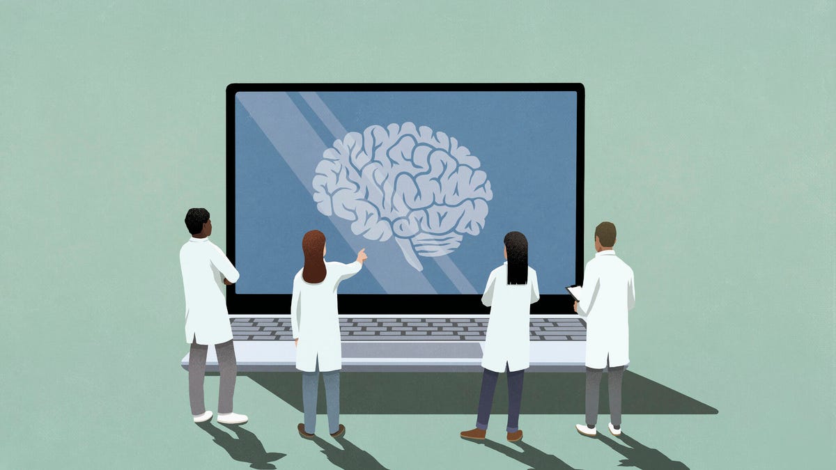 Neuroscientists looking at brain image on laptop screen
