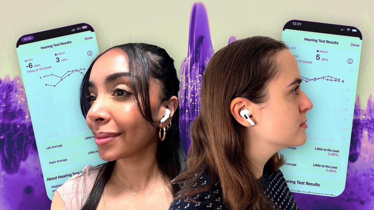 Two CNET wellness editors next to their Apple Hearing Test results over a purple mountain-like background.