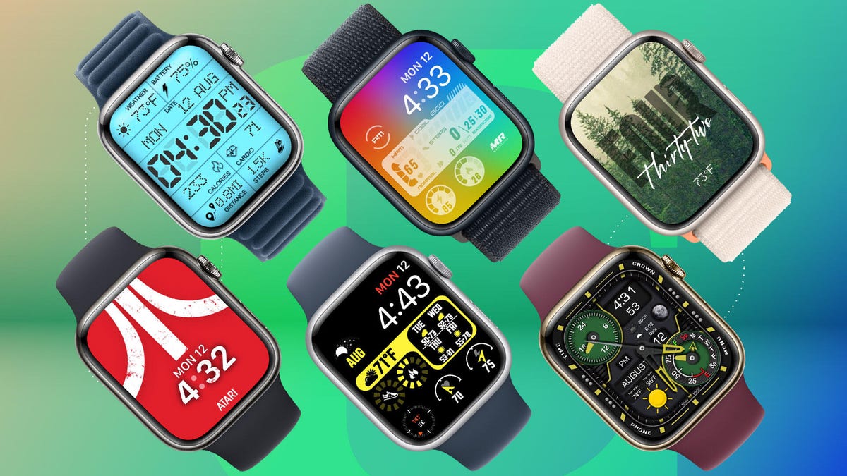 Six Apple Watches arrayed at 45-degree angles, each with a custom watch face that is not available in Apple's selection.