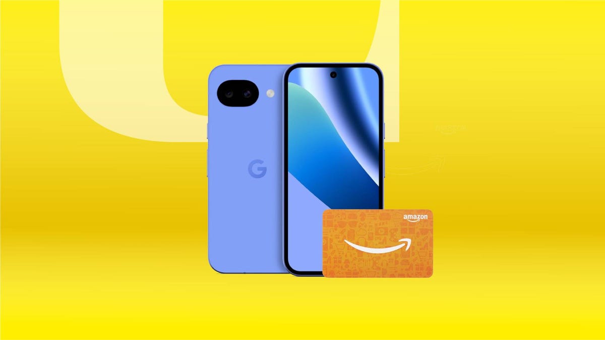 A blue phone and an orange Amazon gift card against a yellow gradient CNET background.