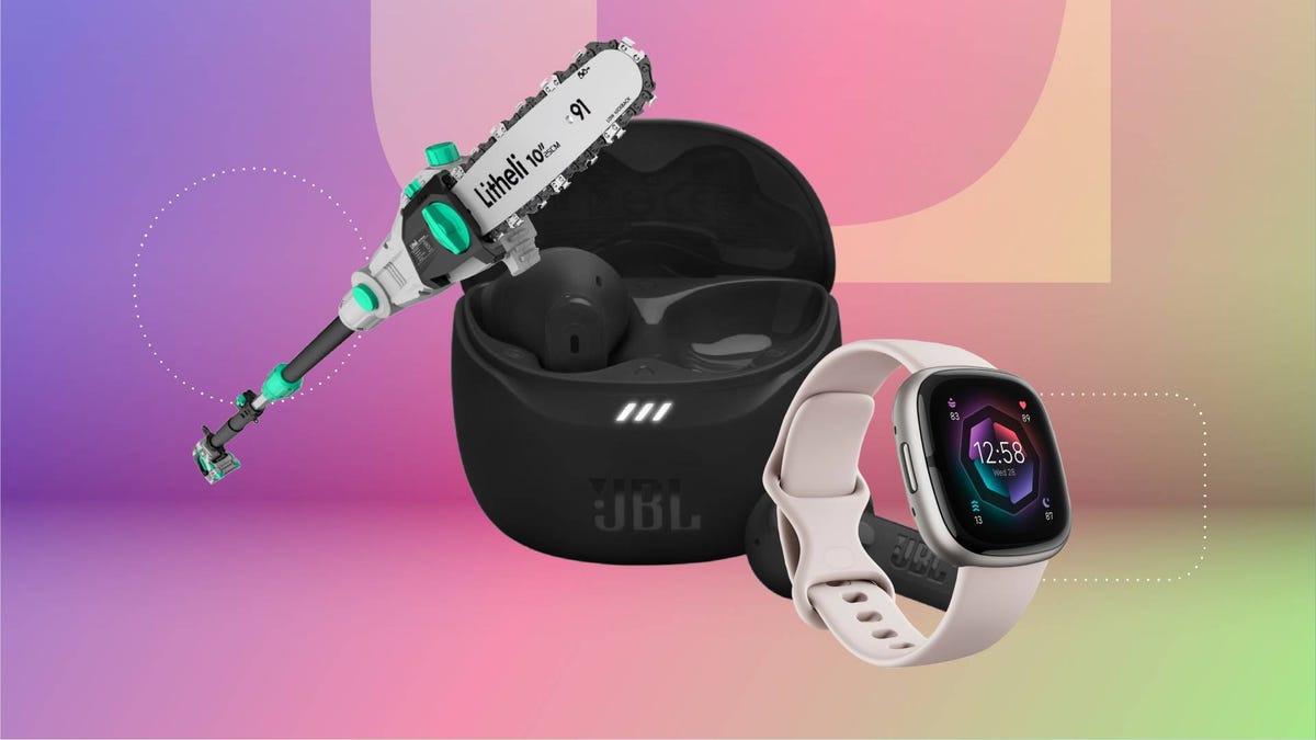 A pole saw, smartwatch and pair of earbuds against a purple/pink gradient CNET background.