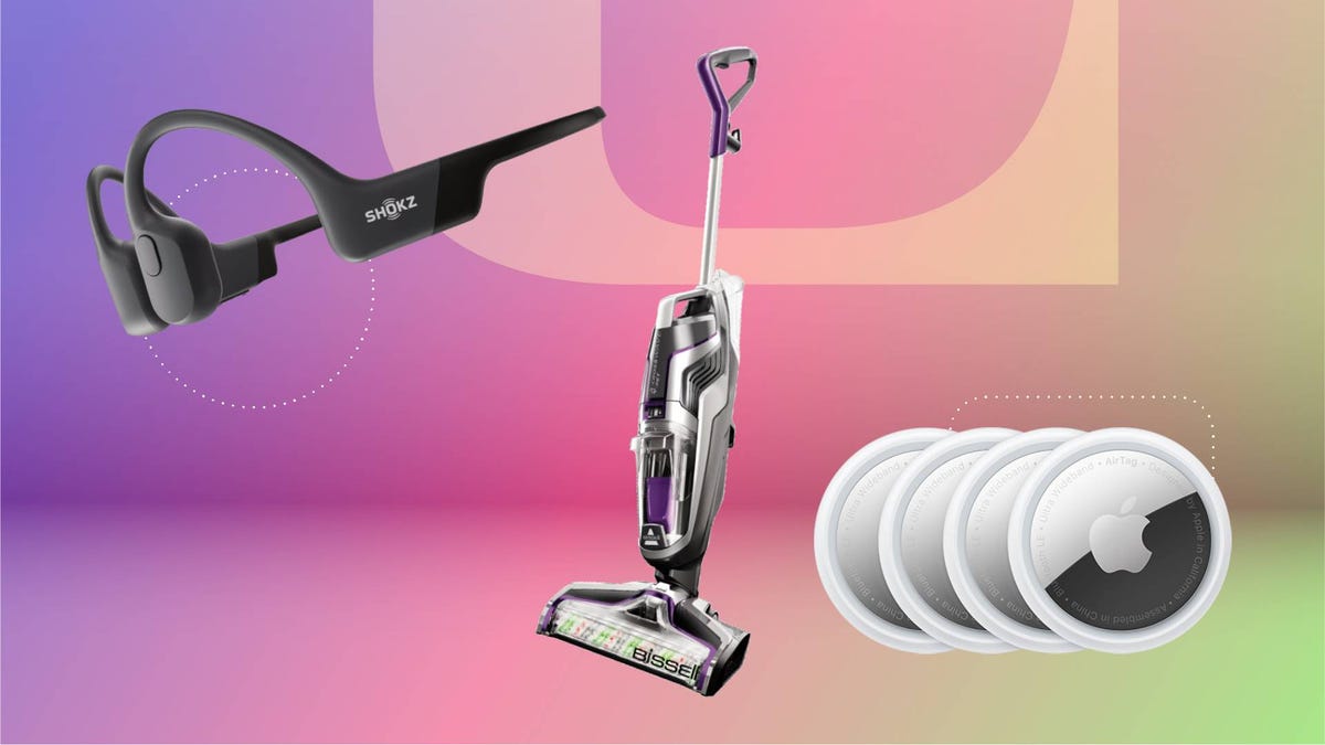 A pair of headphones, vacuum and four-pack of AirTrag trackers against a purple/pink gradient CNET background.