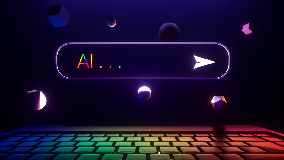 A rainbow-hued AI search bar with a keyboard.