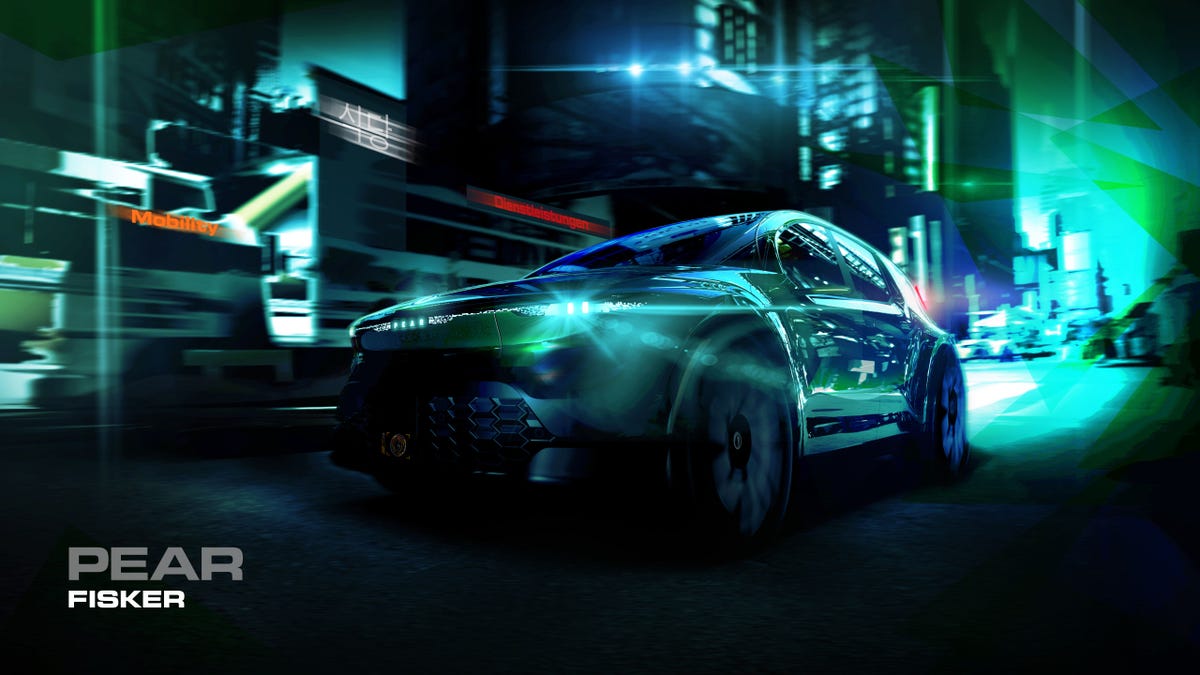 render of small electric suv in a dark cityscape