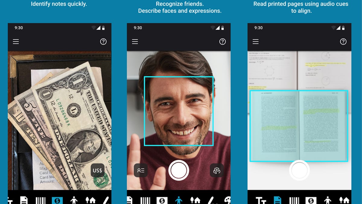 A phone using Microsoft's Seeing AI app hovered over an envelope