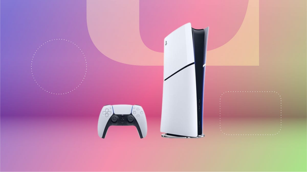 a white PlayStation 5 console and white controller on a purple and pink gradient background