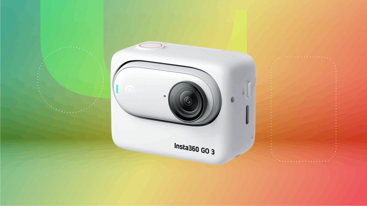 Insta360 action camera on green/yellow/red background