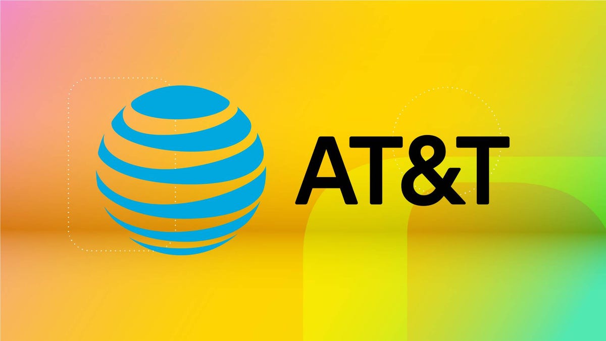 The AT&T logo against a yellow gradient CNET background.