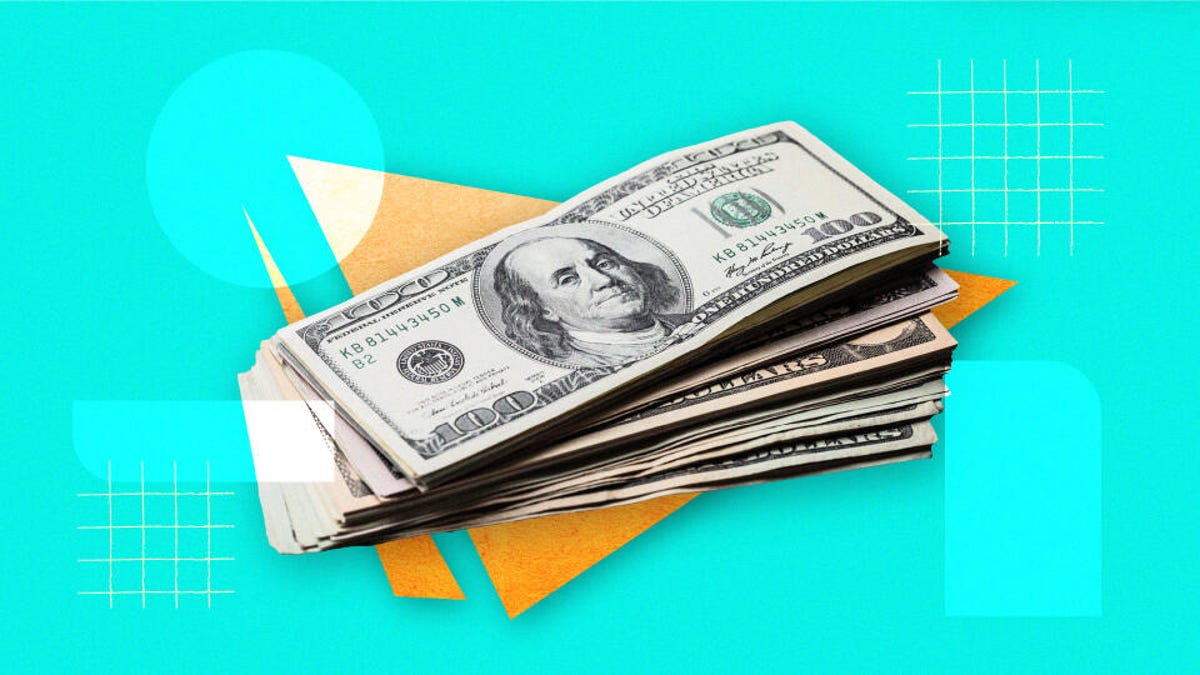 stack of $100 bills on a teal and orange background