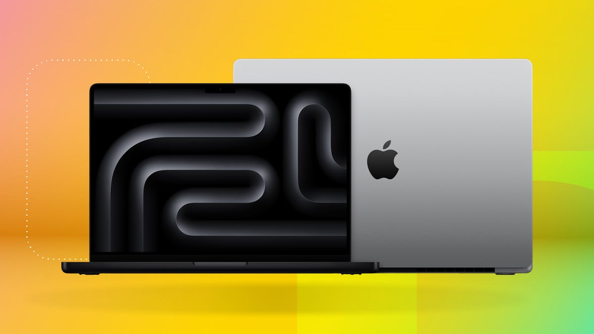 The front and back of an M4 MacBook Pro against a yellow and green gradient CNET background.