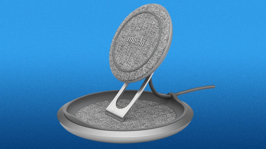 The Moshi Lounge Q wireless charging stand has a unique eye-catching design