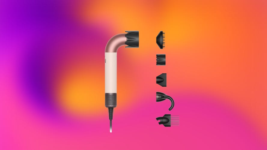 The pink Dyson Supersonic r and its black attachments over an abstract pink, orange and purple background.