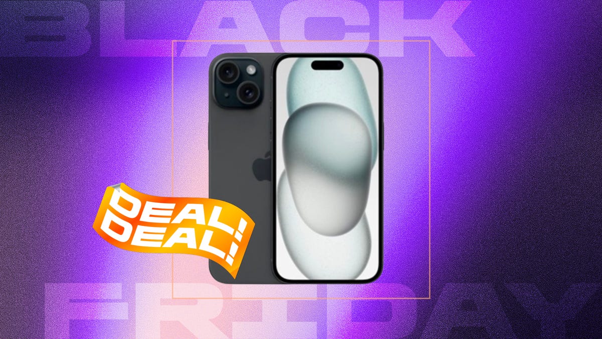 Black iPhone 15 displayed against a gradient purple, pink, teal, and green background