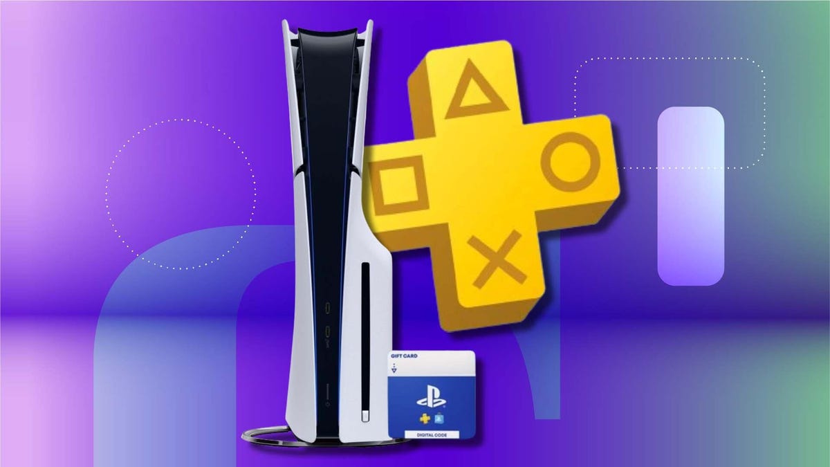 PS Plus logo, PS5 console and PS Plus voucher on blue background