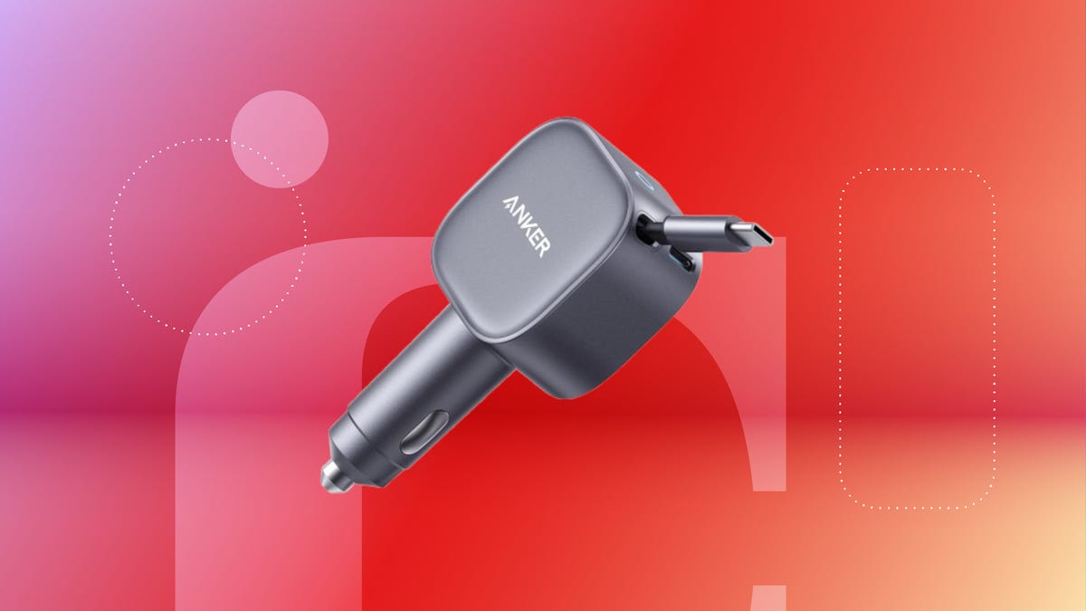 Anker USB-C car charger on a red background.