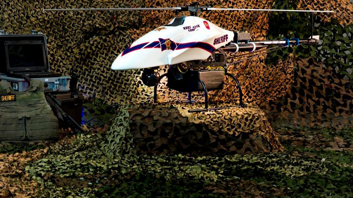 This ShadowHawk unmanned aerial vehicle, purchased by police in Montgomery County, Texas, can be equipped with a "patented targeting- and firing-system" that delivers high-voltage electric shocks from above.