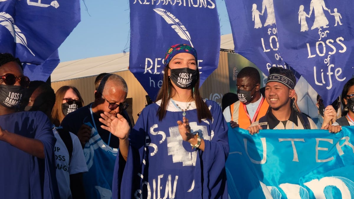 Protestors at COP27 holding banners asking for reparations